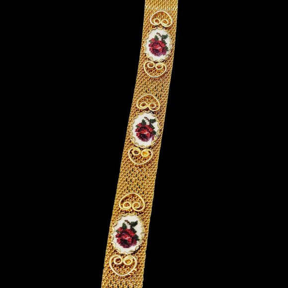 Vintage Gold Mesh Bracelet with Rose Needlepoint Insets - Picture 4 of 6